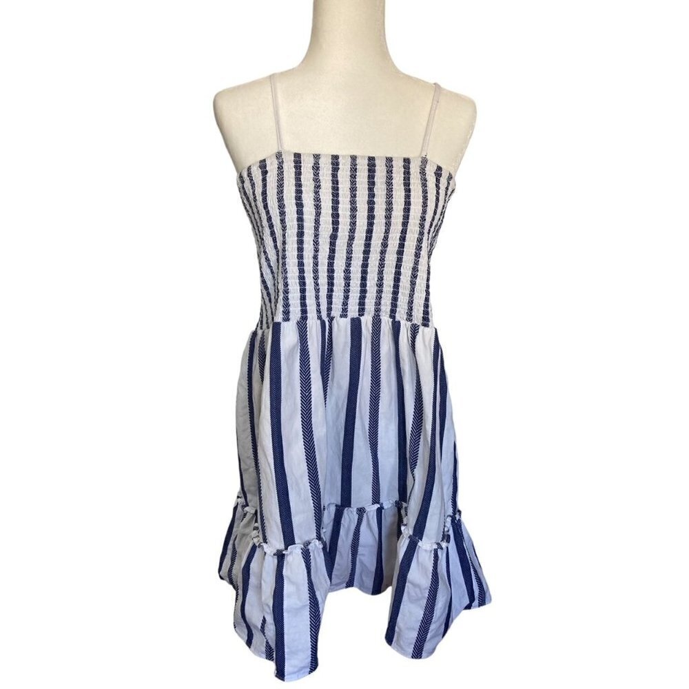 Sail to Sable White Blue Striped Spaghetti Strap Smocked Nautical Dress Large